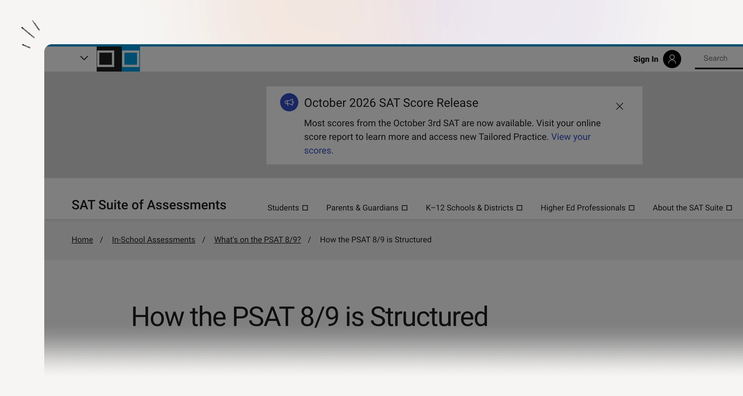 College Board PSAT 8/9 section structure, question counts and testing times