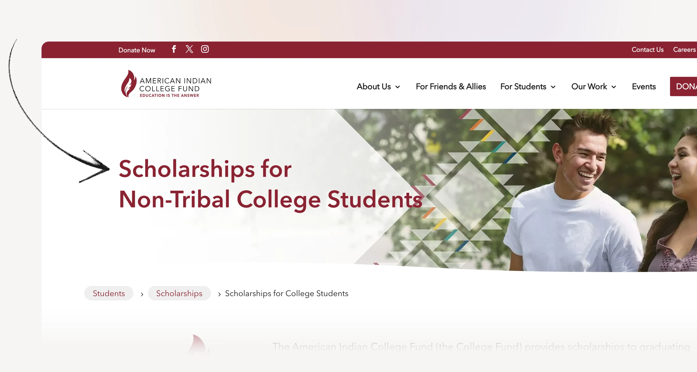 American Indian College Fund scholarship eligibility for college students.