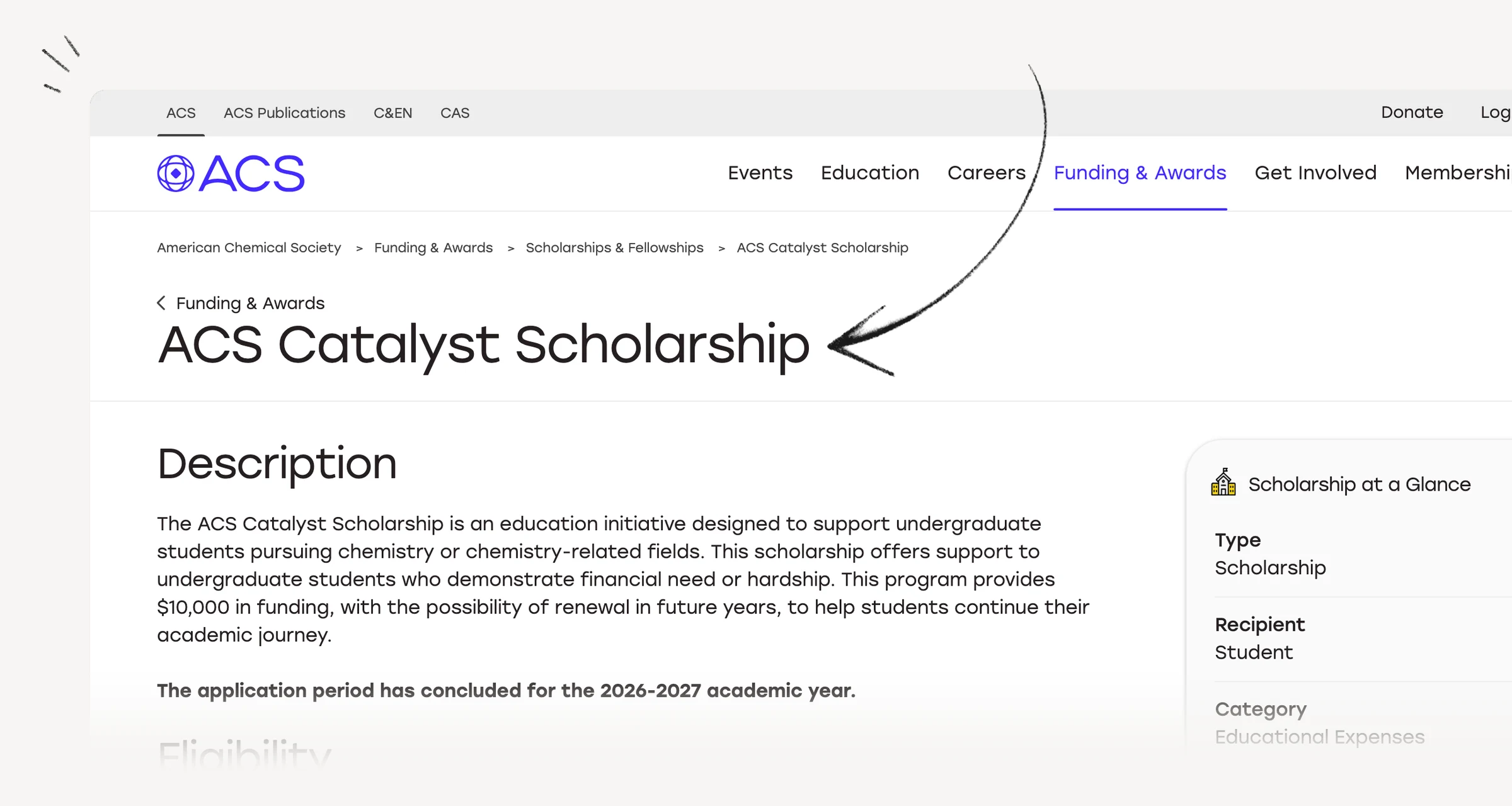 ACS Catalyst Scholarship eligibility for chemistry-related study.
