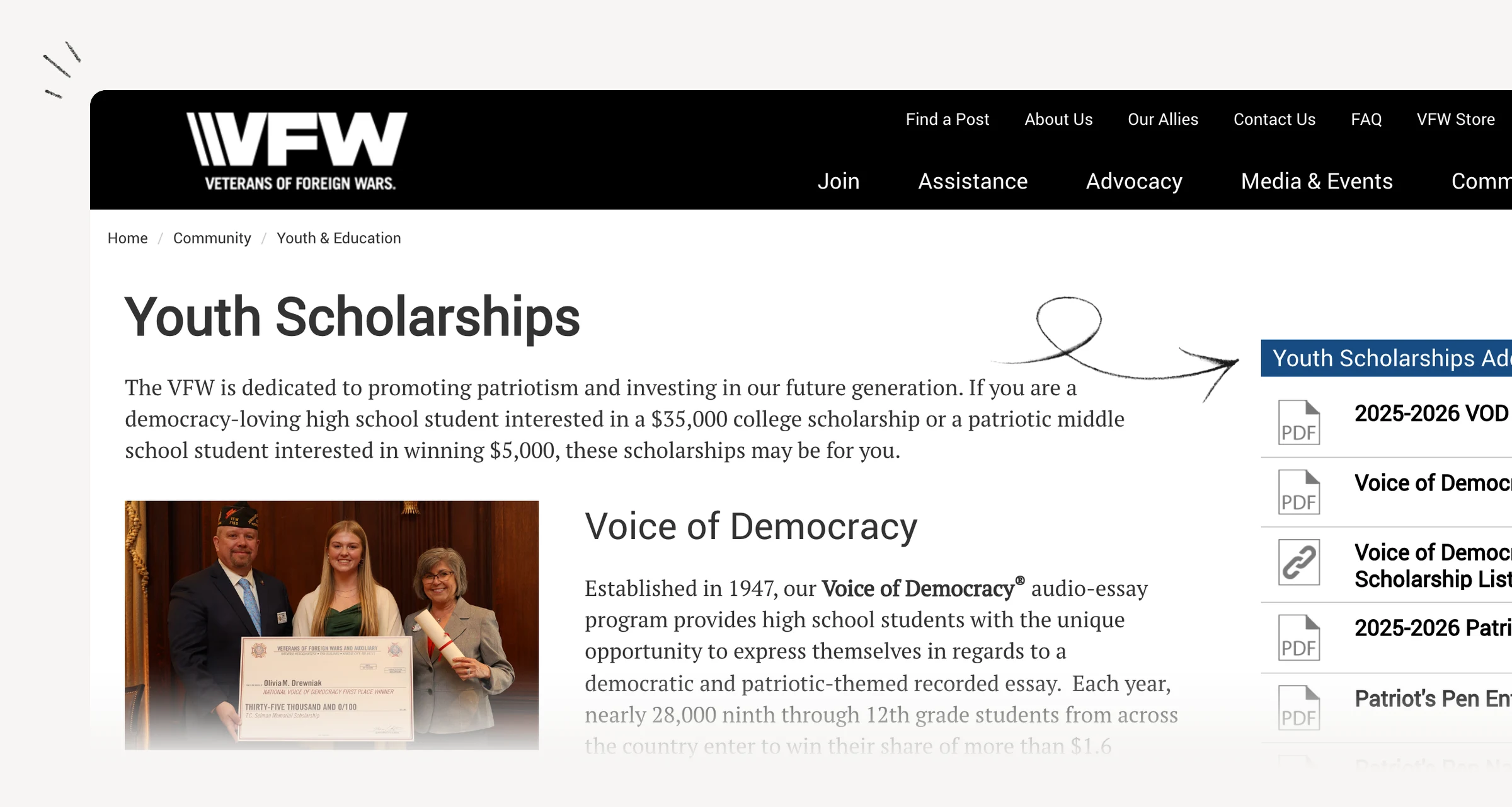 VFW scholarship guidance showing high-school grade eligibility and essay requirements.