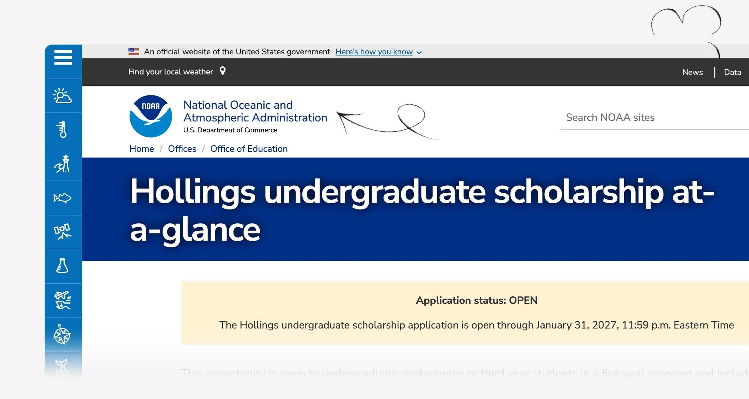 NOAA undergraduate scholarship eligibility and graduation-year requirements.