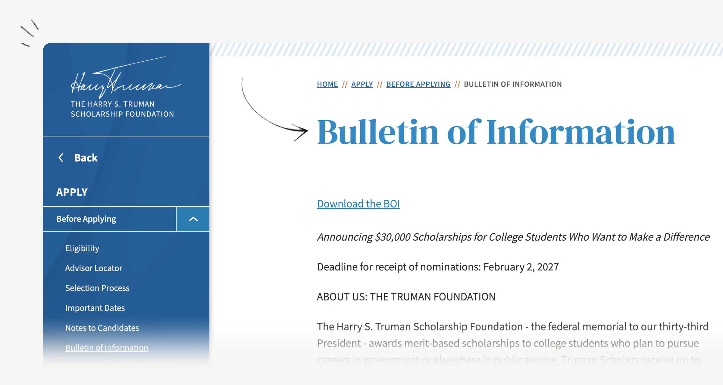 Truman Scholarship application bulletin describing junior eligibility and graduate funding.