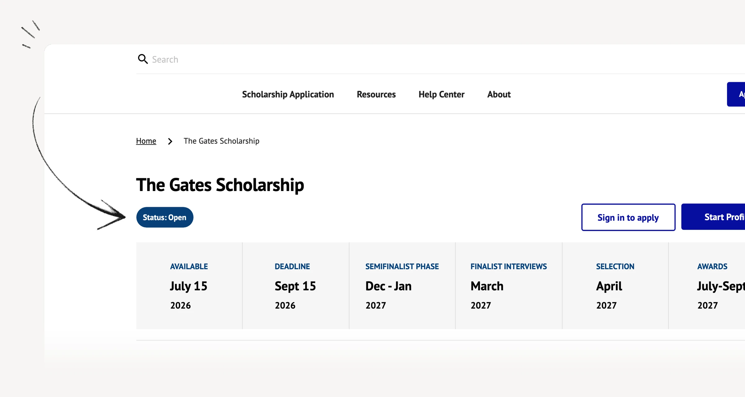 The Gates Scholarship webpage showing eligibility requirements and application timeline