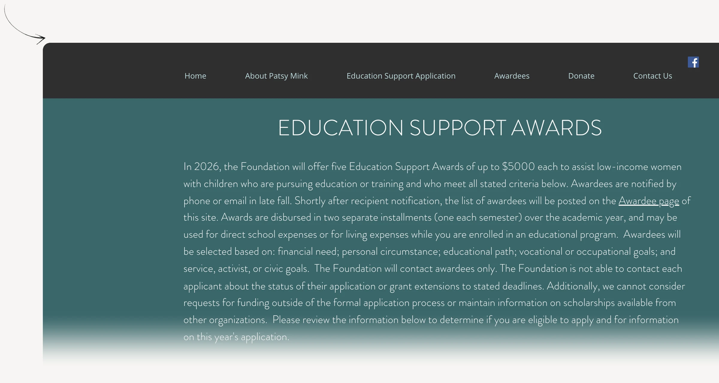 Patsy Mink Education Support Award criteria for eligible mothers pursuing education.