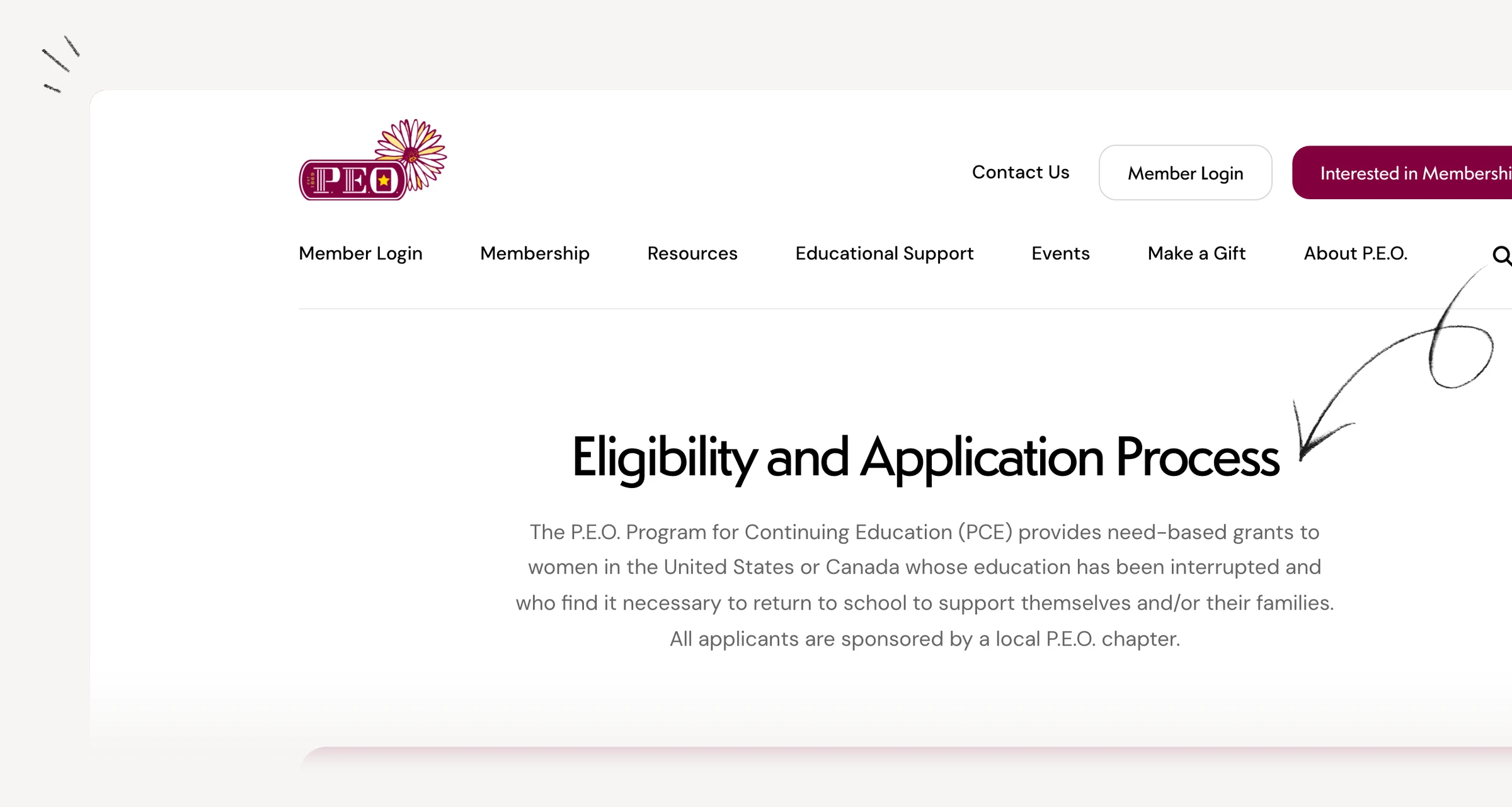 P.E.O. Program for Continuing Education eligibility and chapter-mediated application process.