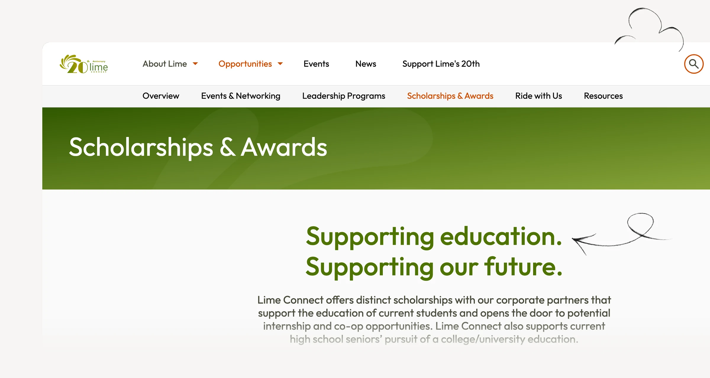 Lime Connect scholarship opportunities showing student pathways and application status.