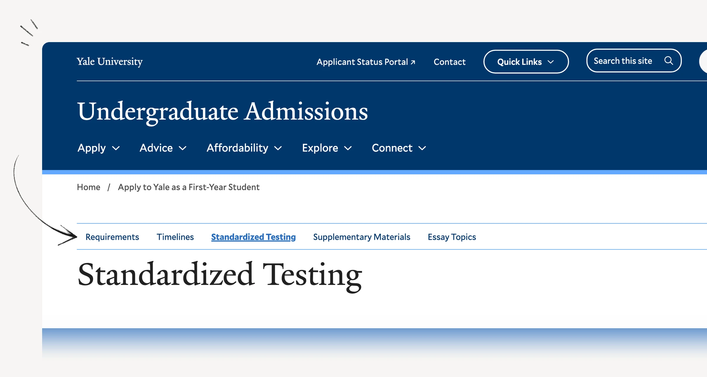 Yale standardized testing policy showing required tests and score-reporting steps.