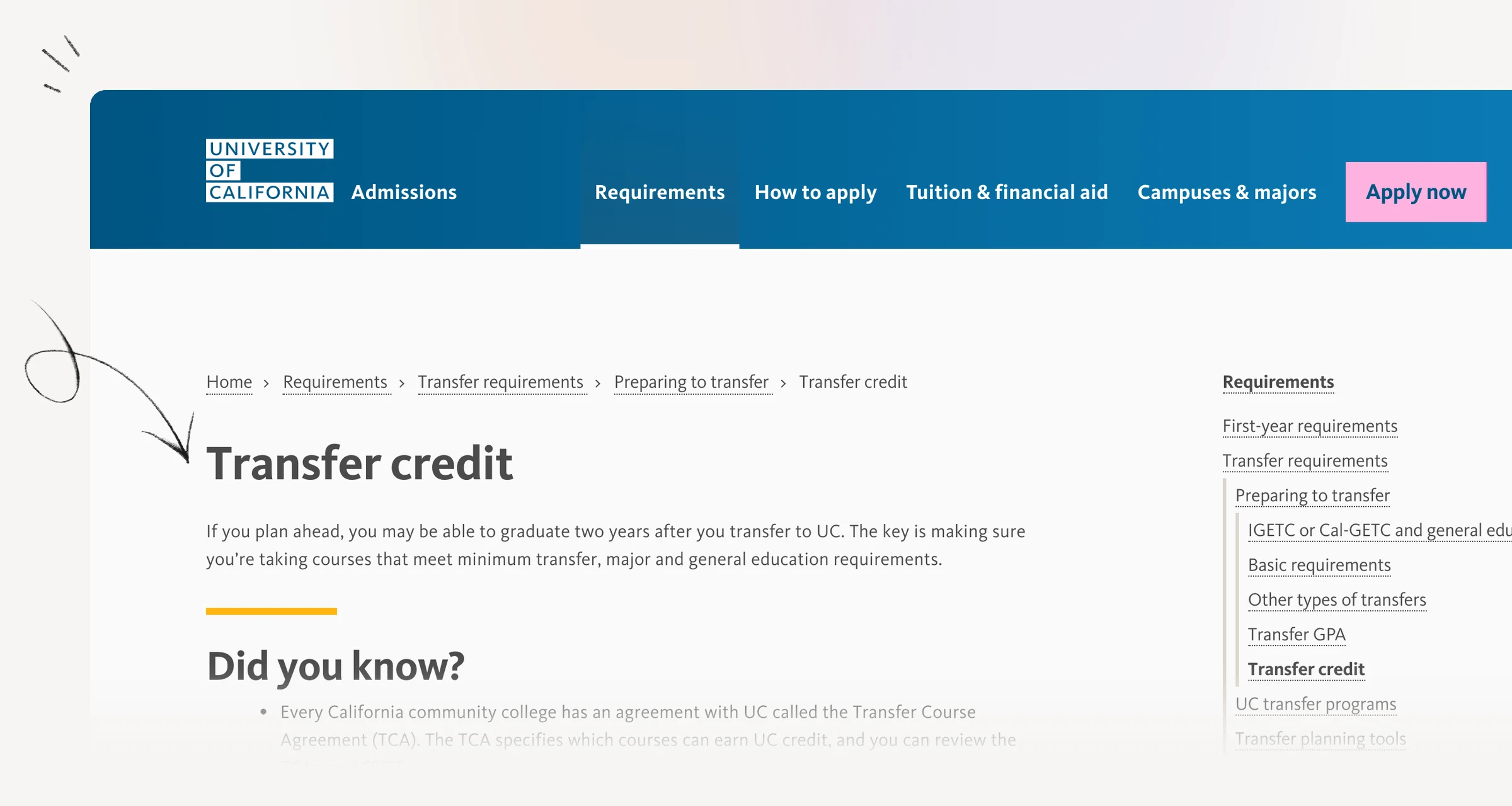 University of California transfer-credit guidance for planning community college courses.