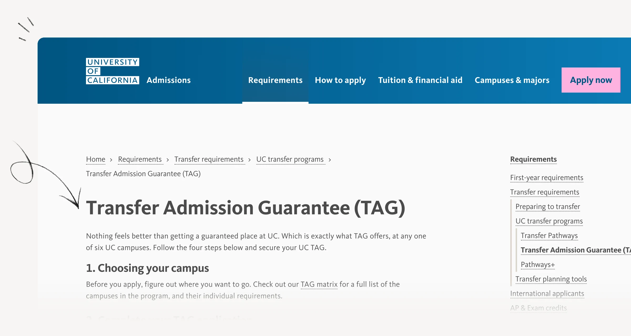 UC Transfer Admission Guarantee page showing participating campuses and conditions.