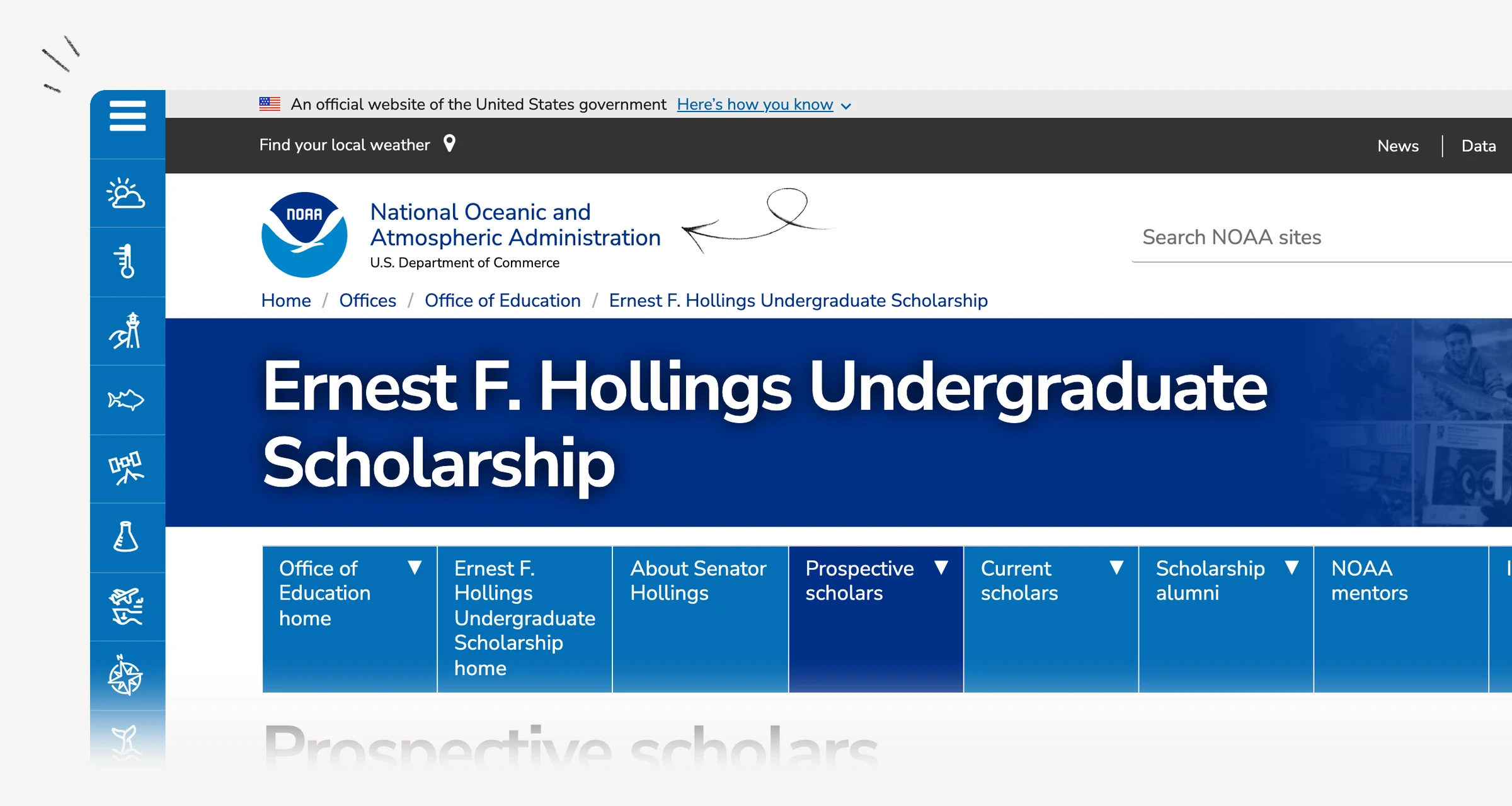 NOAA Hollings Scholarship eligibility and application deadline for prospective undergraduates