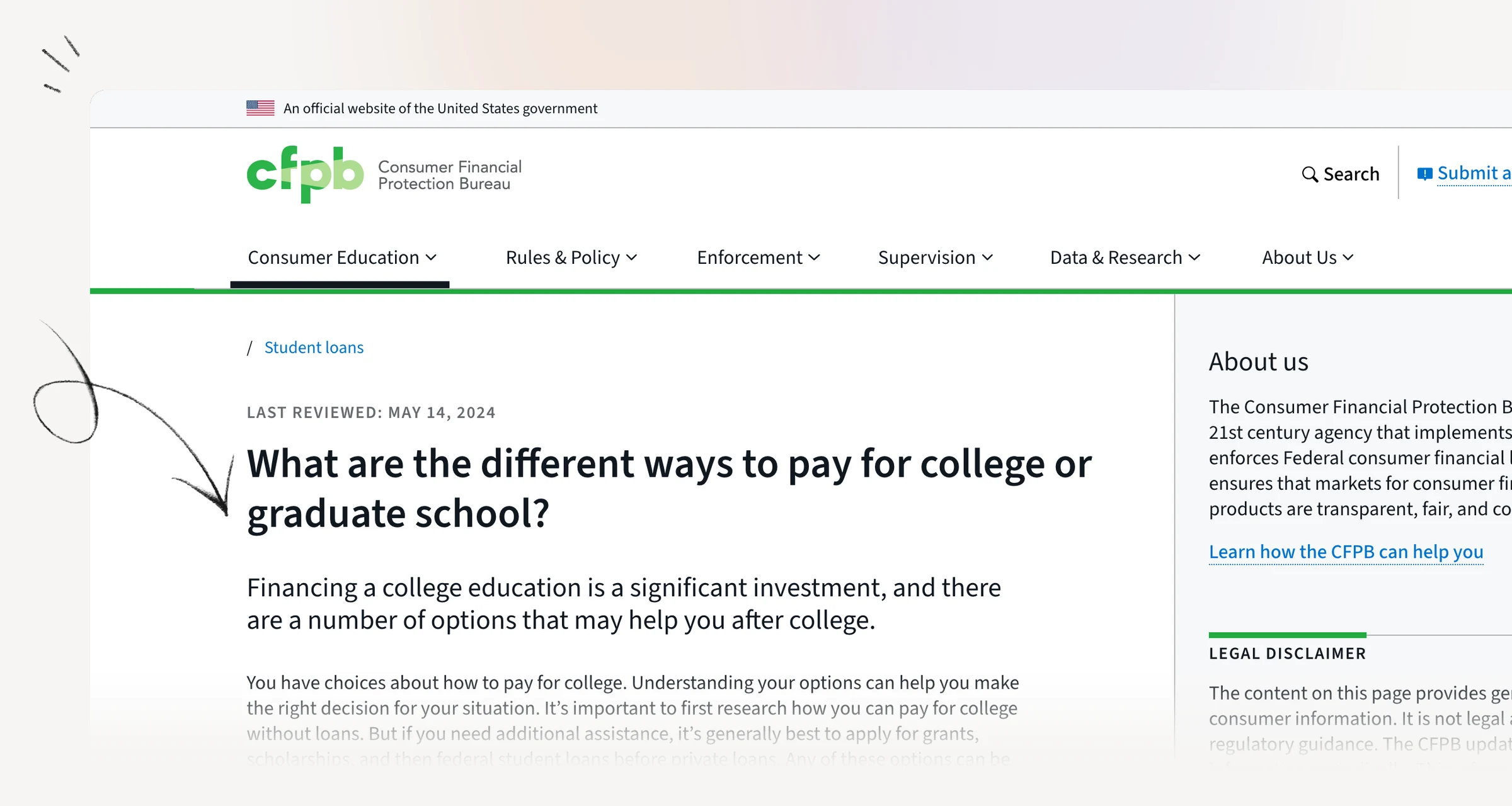 CFPB college funding overview distinguishing grants, earnings and loans.