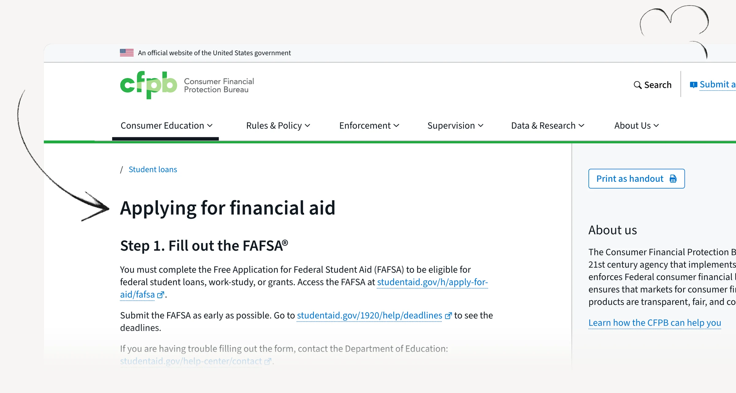 CFPB guidance on financial aid applications and comparing school offers.