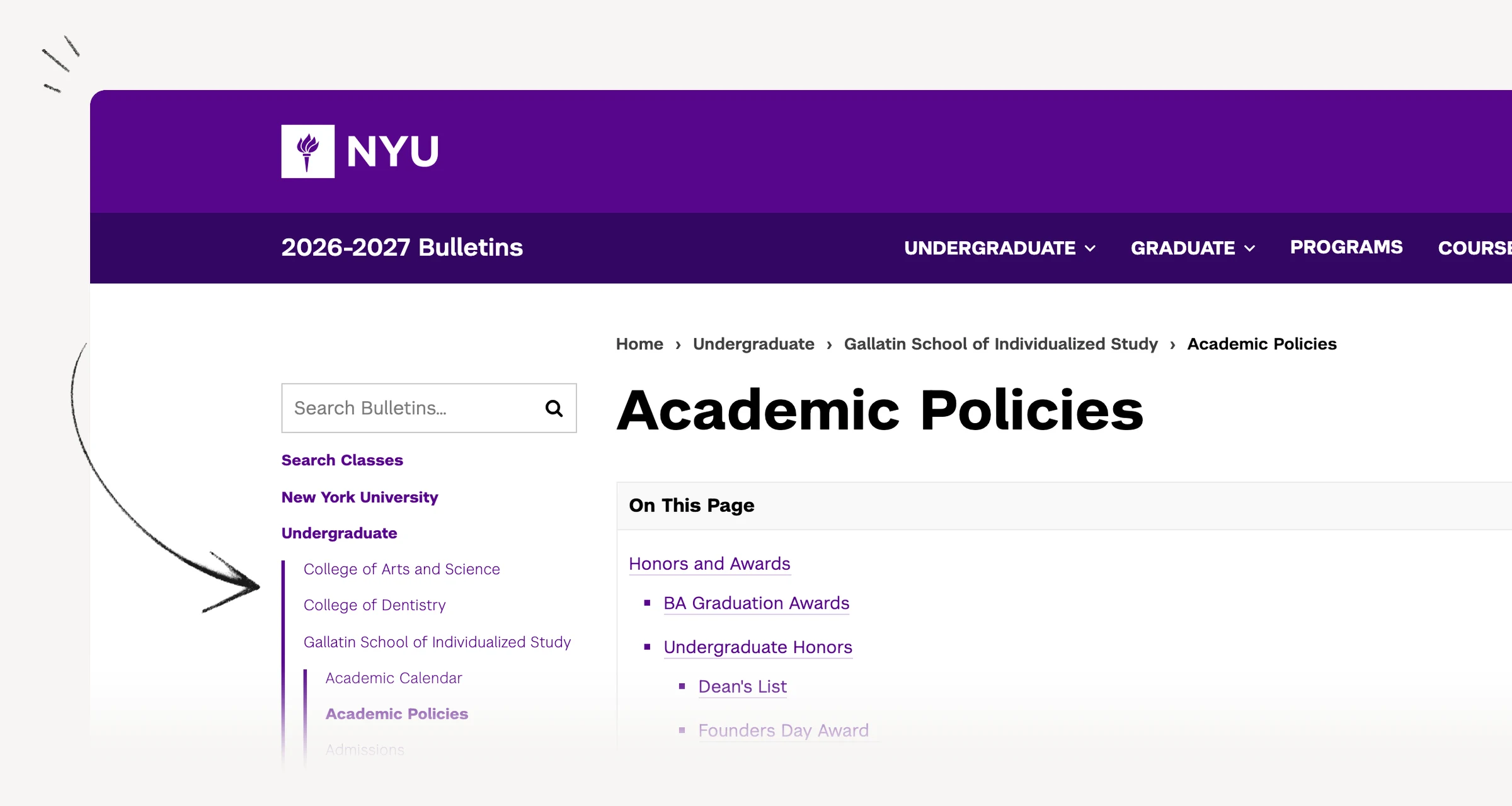 NYU Gallatin academic policy describing Latin honors and eligibility conditions.