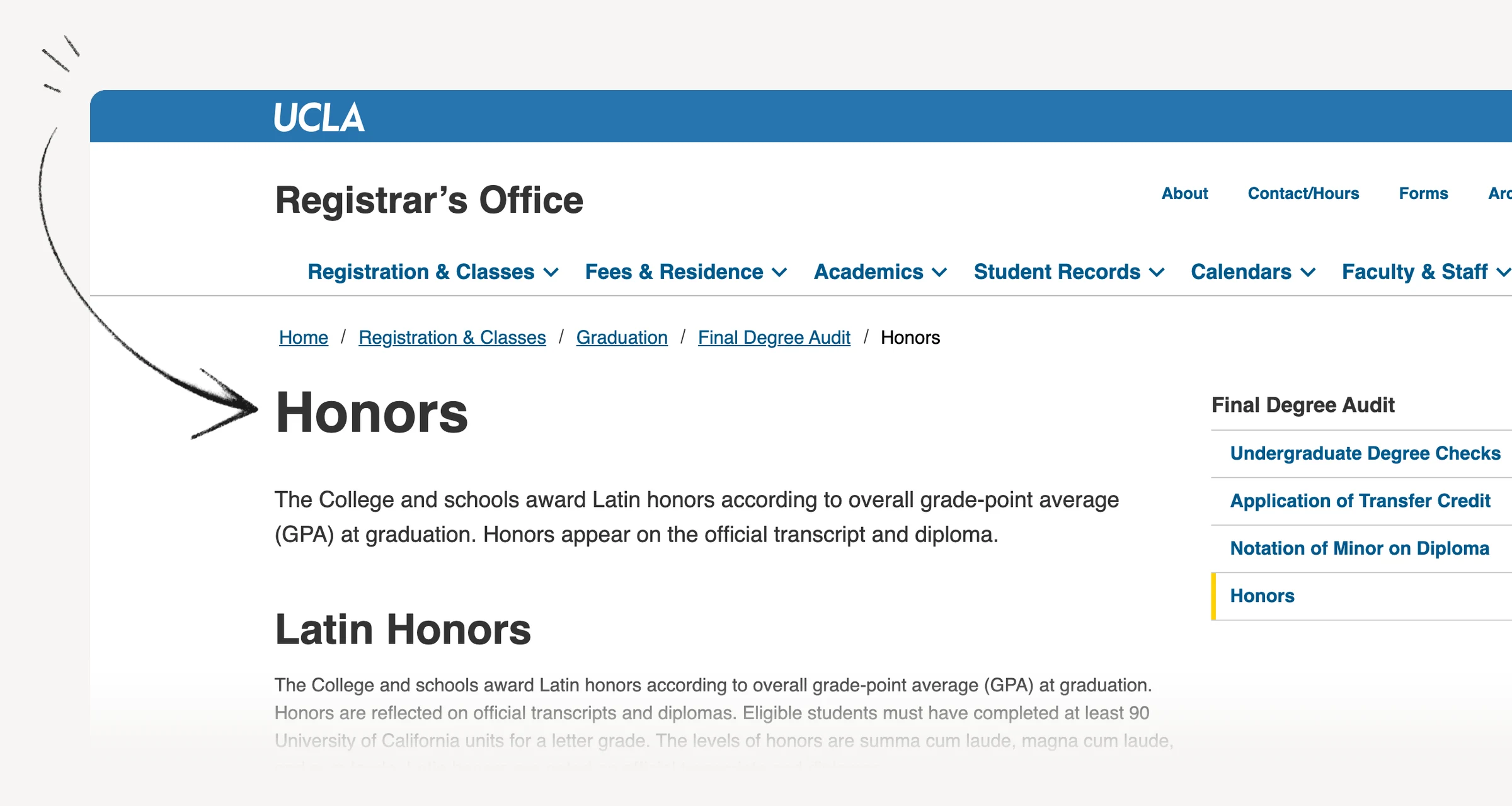 UCLA registrar honors page showing year-specific graduation requirements.