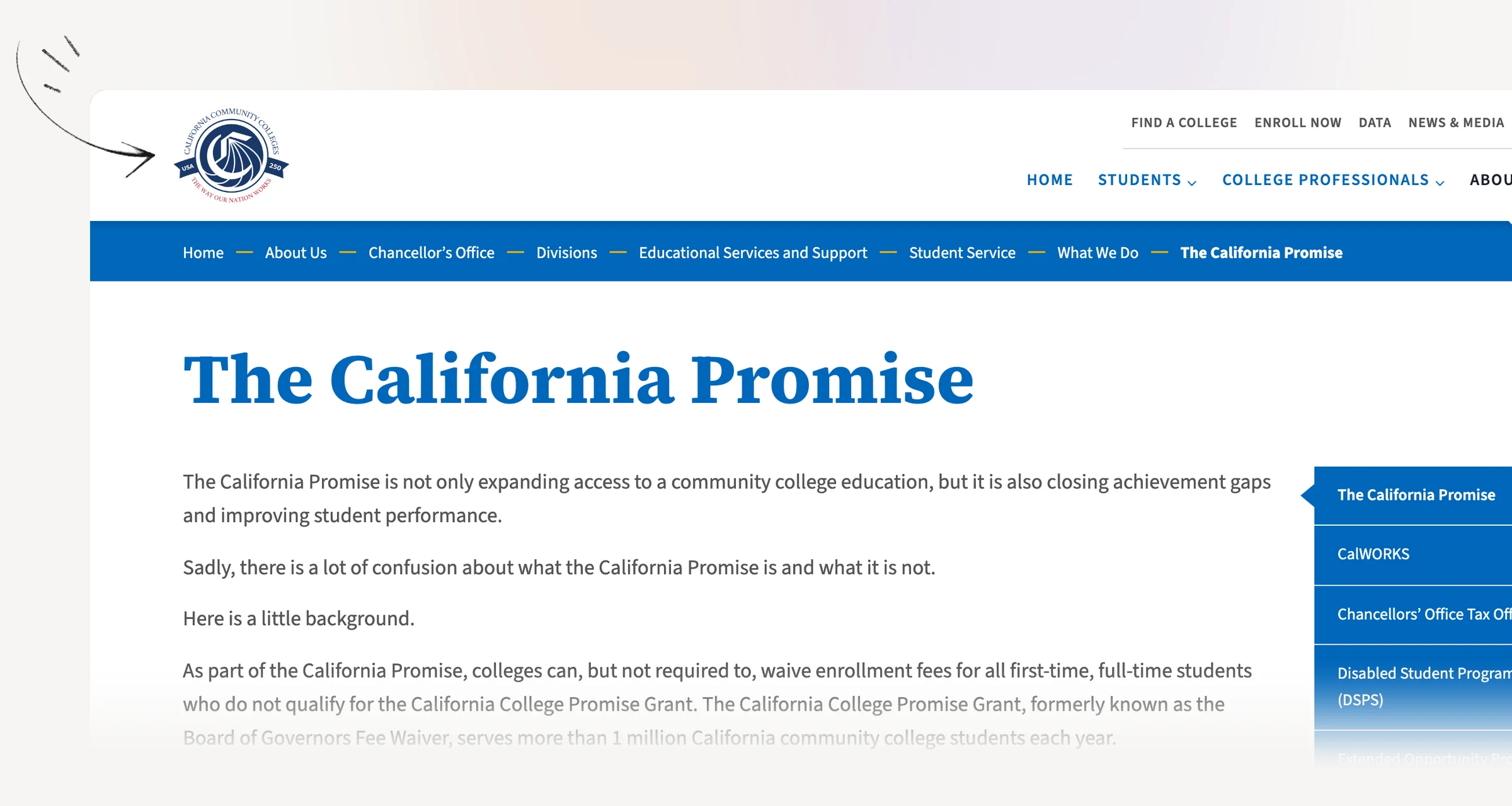California community college guidance distinguishing statewide grant and local Promise support.