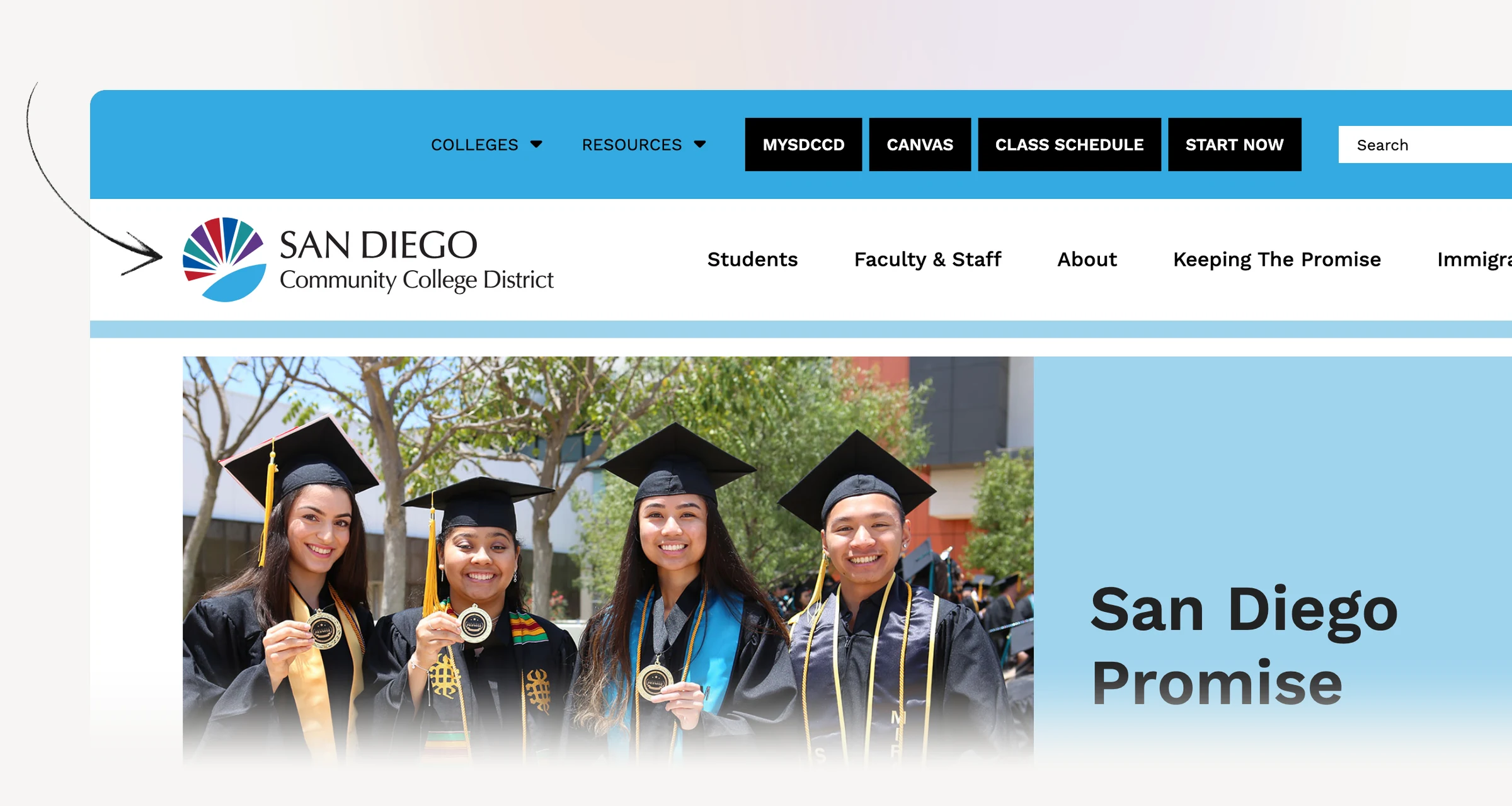 San Diego Promise page showing fee coverage and participation requirements.