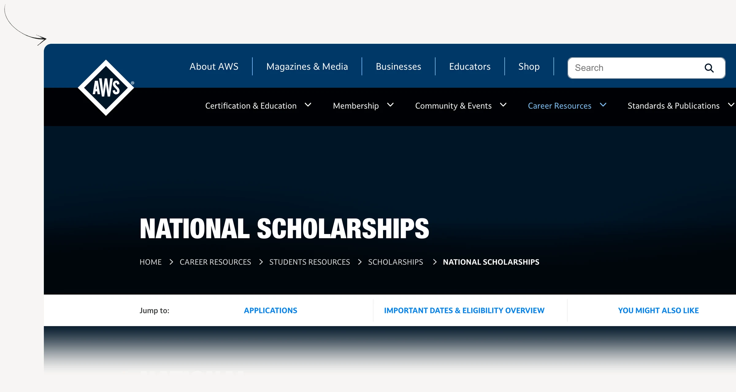 AWS National Scholarships page showing degree routes and application materials.