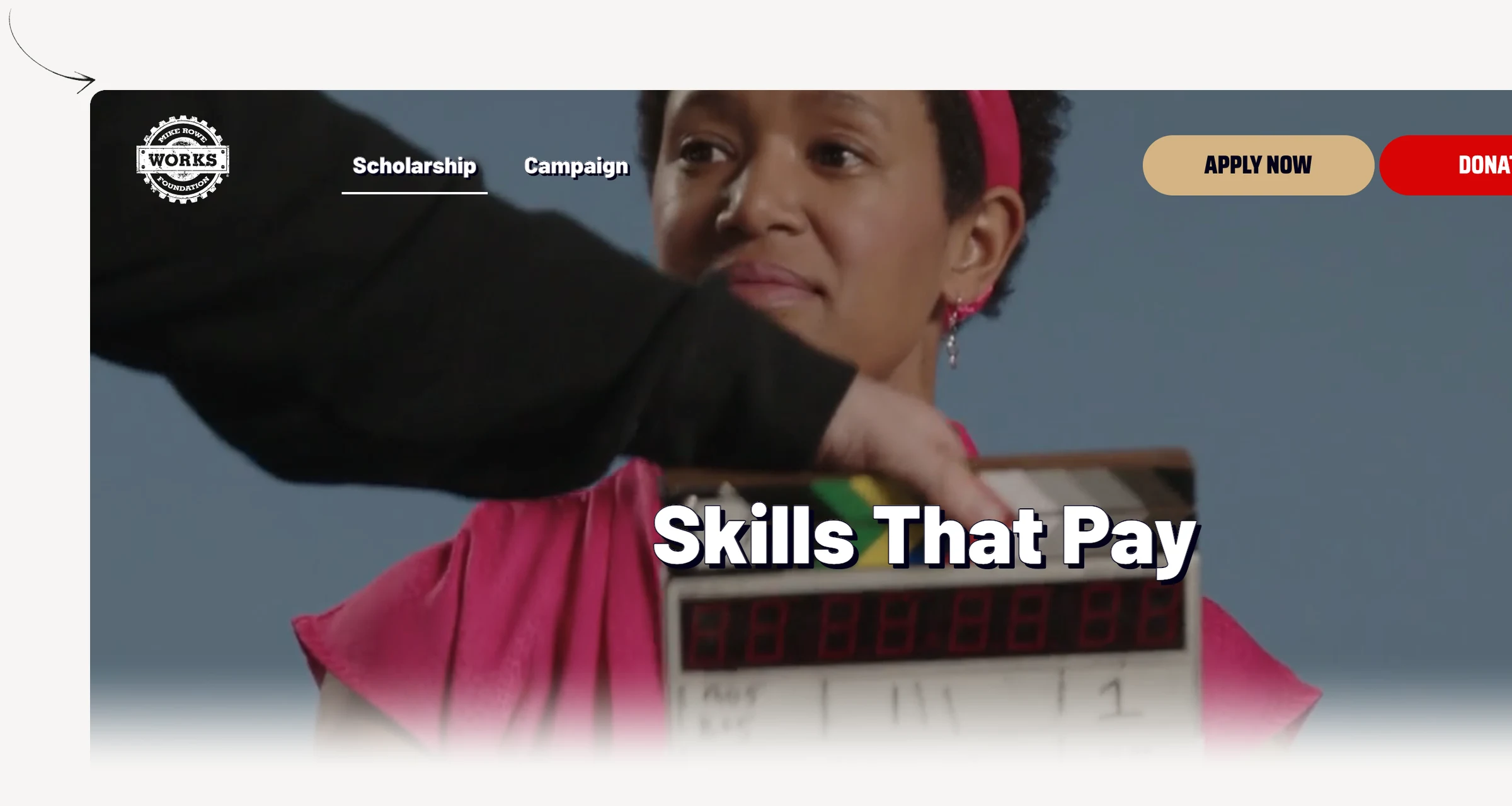 mikeroweWORKS Work Ethic Scholarship page showing training eligibility and application steps.