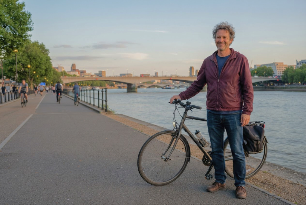 People pausing with bicycles outdoors